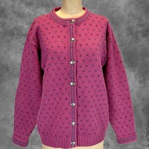 VINTAGE 90s Eddie Bauer wool knit sweater cardigan button front raspberry floral